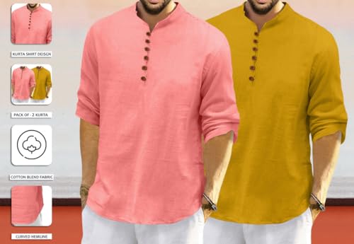 Image of ROYALSCOUT Men's Cotton Polyester Blend Solid Regular Fit Full Sleeve Short Kurta | Ethnic, Lightweight Summer Kurta for Daily & Occasion Use