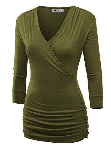 LL WT1255 Women's Deep V Neck 3/4 Sleeve Slim Fitted T-Shirt Casual Cross Surplice Wrap Tops XXL Olive