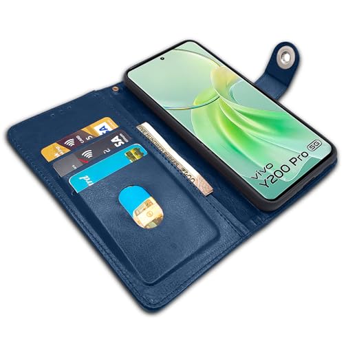 Image of Pikkme Vivo Y200 Pro 5G Flip Cover Leather Finish | Inside TPU with Card Pockets | Wallet Stand and Shock Proof | Complete Protection Button Flip Case (Blue)