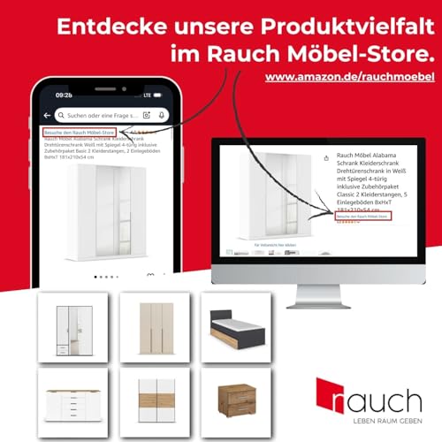 Rauch Möbel Subito Kleiderschrank für Schlafzimmer, Kinderzimmer, Flur, Garderobe, 2-türig mit Spiegel, Farbe Weiß, inkl. 2 Kleiderstangen, 2 Einlegeböden, Breite 136 cm