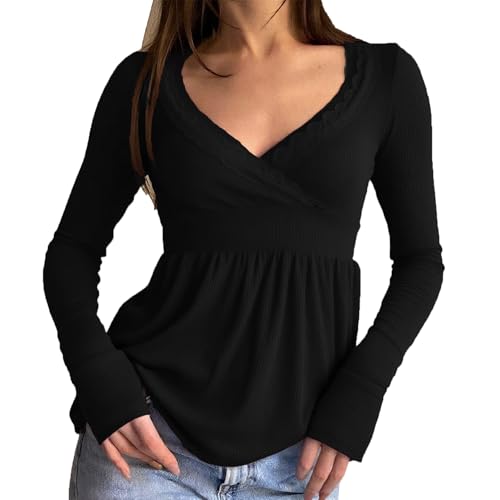 Women Long Sleeve Lace Trim Shirt Cute Wrap V Neck Slim Fit 