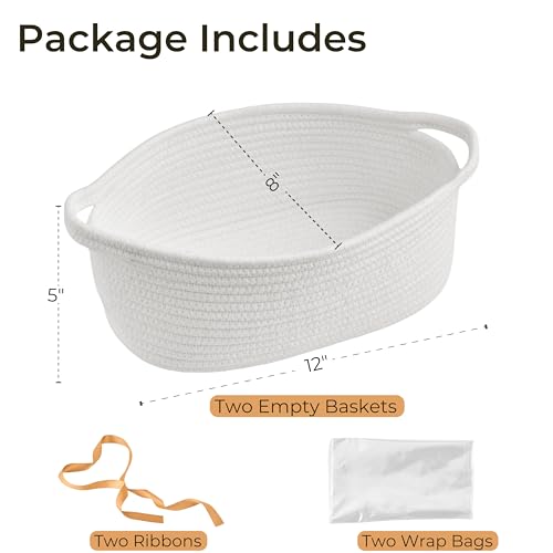Image of 2-Pack Small Woven Gift Baskets Empty with Bags & Ribbons - Gifts for Dad, Baby Shower, Birthdays & Raffle - Cotton Rope Storage Basket for Dog Toys or Shelf - 12 inchx8 inchx5 inch, White