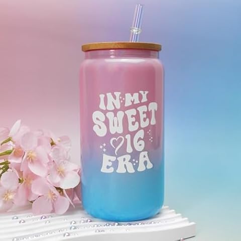 Sweet 16 Gifts for Girls - In My Sweet 16 Era -Gradient 16oz Coffee Glass Cup with Bamboo Lid & Straw - Unique 16th Birthday Gift for Daughter, Best Friend, Niece, Granddaughter, Sister Cover