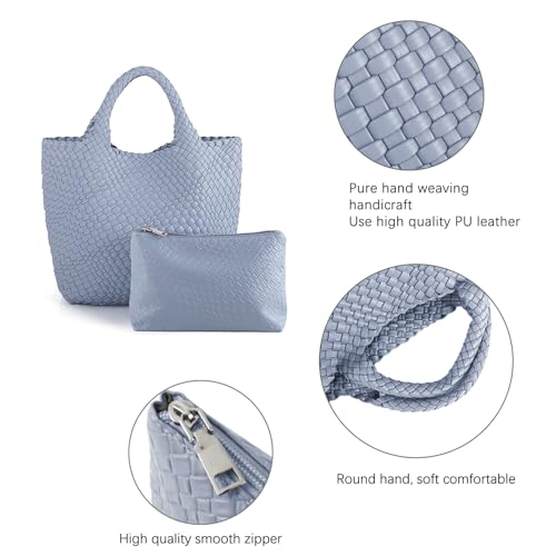 Image of Women's Vegan Leather Tote Bag - Handmade Woven Beach Bag, Travel Handbag with Purse & Top Handle Hobo Tote(Light Blue)