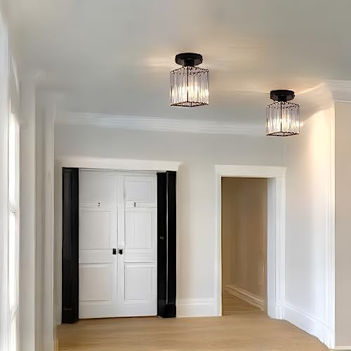 Wishstern 2 Pack Modern Crystal Semi Flush Mount Ceiling Light, Black Hall Lights Fixtures, Hallway Lighting Fixtures With Clear Crystal Shades For Entryway Porch Kitchen Bedroom Living Room #TOP2