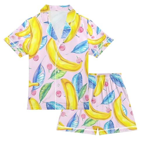 senya Crayon Banana Leaf Satin Summer Pajama Sets Silk Short Sleeve Button Down Sleepwear