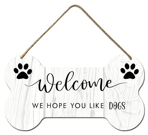 Muroanmi Dog Welcome Sign, We Hope You Like Dogs Door Hanger, Dog Bone Sign, Dog Sign For Front Door, Dog Porch Sign, Pet Door Hanger, Dog Door Hanger, Dog Bone Sign For Home Decor 6.7X12Inch