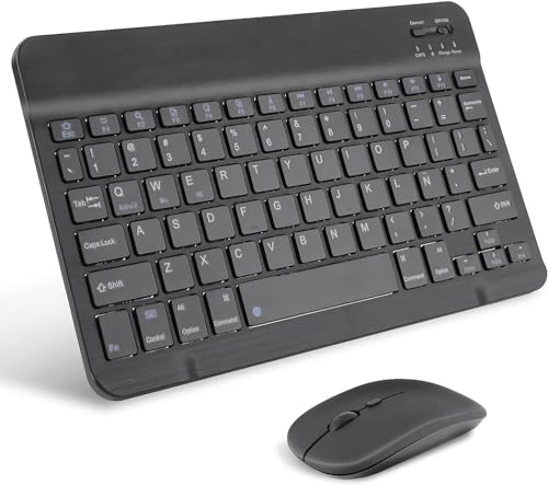 Teclado inalámbrico portátil, AIMMIE Rechargeable10 Teclado Universal ultradelgado para Tableta con Mouse inalámbrico, pequeño Teclado inalámbrico para... (Negro)