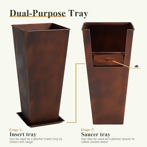 Worth-Garden-12-Dia-x-25-H-Large-Metal-Planter-Set-of-2-Matte-Bronze-Retro-Finish-Tall-Square-Tapered-Steel-Plant-Pots-Decor-Flower-Pot-Indoor-Outdoor-Drainage-Hole-Dual-Purpose-Plant-Saucer Worth Garden 12 Dia x 25 H Large Metal Planter Set of 2 Matte Bronze Retro Finish Tall Square Tapered Steel Plant Pots Decor Flower Pot Indoor Outdoor Drainage Hole Dual Purpose Plant Saucer