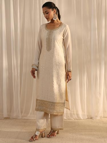 Image of Libas Womens Embellished Silk Blend Straight Kurta With Palazzos and Dupatta