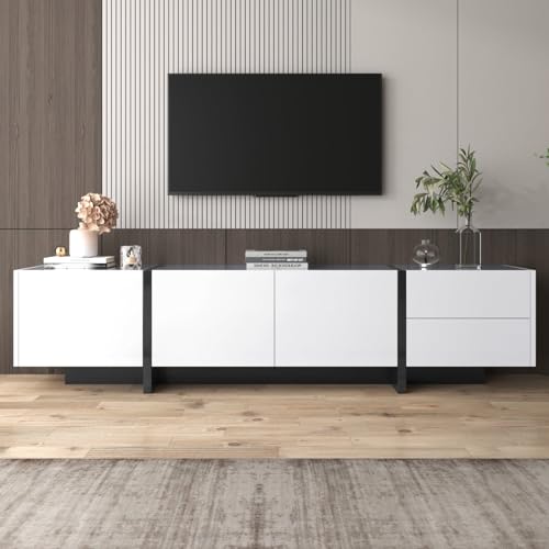 Sweiko Meuble TV, Table TV Lowboard Moderne, lowboard Panel avec Pieds à Blocage de Couleur en Blanc Brillant et Noir, avec Portes et tiroirs, Portes avec étagères...