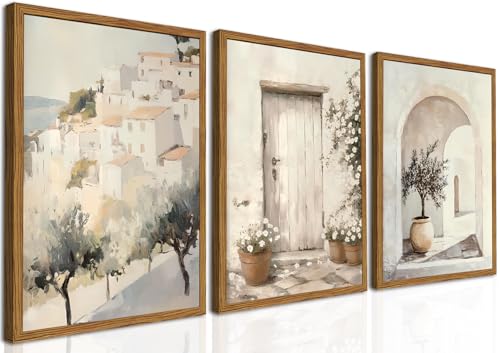 Framed Vintage Italian Wall Art Set of 3, Rustic Neutral Olive Tree Pictures Wall Decor, Mediterranean Farmhouse Landscape Paintings Canvas Prints Country Home Decor for Living Room Bedroom 16x24 inch