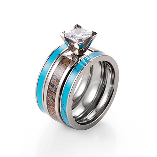 Women’s Titanium Ring Set (3pcs) 5mm Genuine Antler Inlaid Cubic Zirconia Engagement Ring and 3mm Turquoise Inlaid Bands