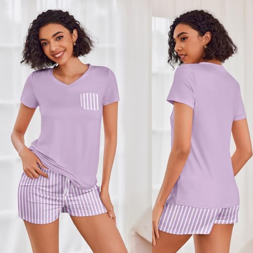 Image of Ekouaer Womens Pajama Sets Short Sleeve Pajamas for Women Sets Soft Lounge Sets Casual V Neck Sleepwear PJS