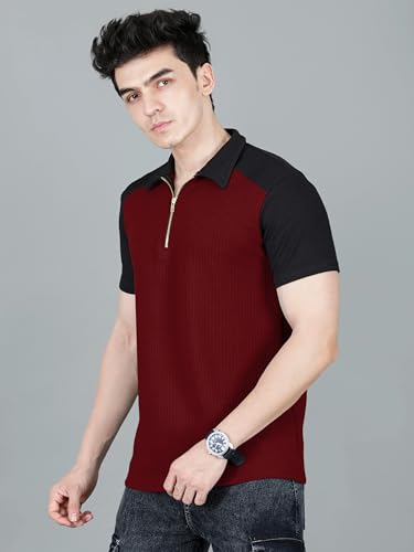 Image of London Hills Men's Loose Fit Half Sleeve Color Block Polo T-Shirt with Zip Collar | Premium Polyester Fabric | T Shirt for Man | Tshirt | Shirts Men | Tshirt for Man | Men T-Shirts