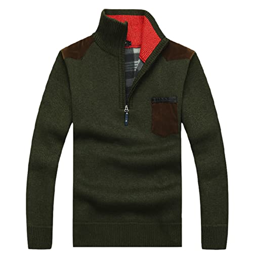 Pull homme col roulé en laine tricotée avec poche et demi-fermeture éclair hiver vert militaire XL