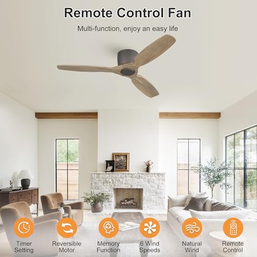 WINGBO 48" Flush Mount Ceiling Fan No Light - 3 Carved Solid Wood Blades, 6-Speed Reversible DC Motor, Dimmable, 3CCT, Low Profile Ceiling Fans without Lights for Bedroom Living Room, Charcoal Gray by WINGBO - Used condition - Image 7