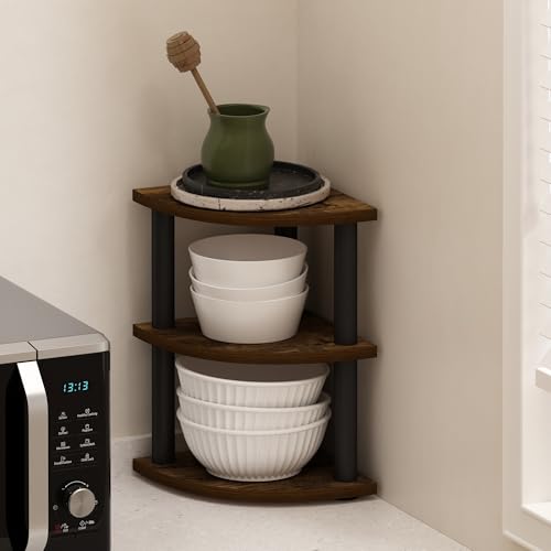 Image of Furinno Turn-N-Tube Kitchen Countertop Organizer, 3-Tier Corner Countertop Organizer Shelf, Corner Shelf, for Kitchen, Pantry, Organizers and Storage, Amber Pine