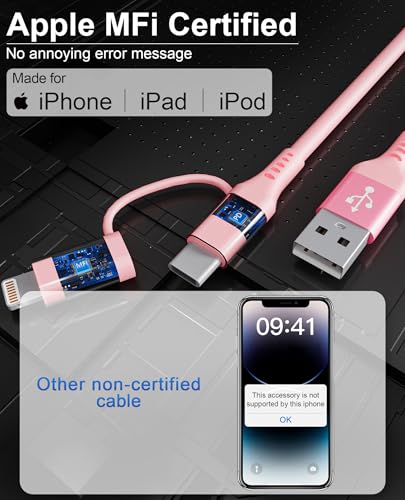 USB à la foudre et USB C Câble 2 en 1 Rose enroulée iPhone chargeur - Lumière du chargeur de voiture rose USB C Combo Cable Support Apple Carplay & Android Auto & Données, pour iPhone 16 15 14 13 12 11 Android