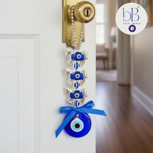 Image of BLUE BEADS Turkish Feng Shui Vastu Blue Glass Evil Eye Hanging /Door Hanging Nazar Batu for Protection and Good Luck - Perfect for Gifting Home or Office (Horse)