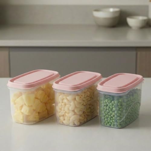 Image of All Time Frostee Modular Plastic Storage Containers Set of 3 | 950ml Each | BPA Free Food Grade Kitchen Storage Boxes with Lid | Leakproof Freezer Safe Stackable Containers | Pink