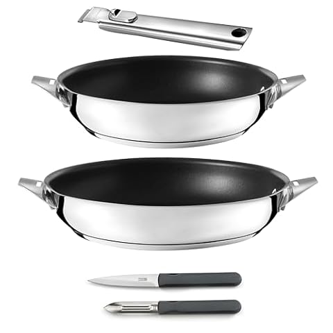 Cuisinox - Eclipse - Zestaw do pieczenia i sztućców - Patelnie 24/28 cm, obieraczka i nóż biurowy - Zdejmowany uchwyt ze stali nierdzewnej - Powłoka ceramiczna - Nadaje się do wszystkich kuchenek, w
