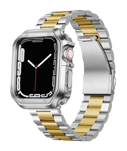 BINLUN Compatible with Apple Watch Strap 45mm 44mm 42mm Matte Stainless Steel Metal Watch Straps with Polished Finish TPU Case Compatible with iWatch Series 9/8/7/SE2/SE/6/5/4/3/2/1 (Silver+Gold)