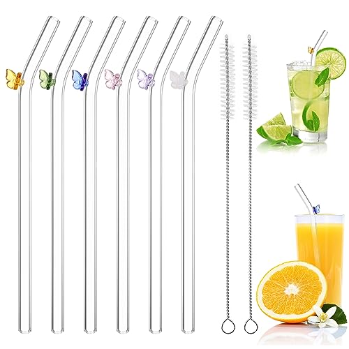 Strohhalme Glas, Wiederverwendbar Glas Strohhalm Lang, Trinkhalme Glas Gebogen mit Schmetterling für Säfte, Cocktails, Smoothie, Milch, Kaffee（6 Stück）