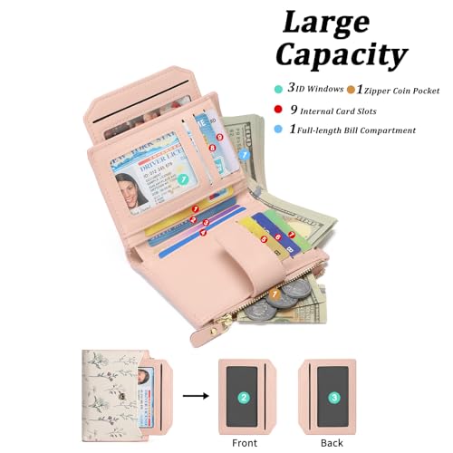 Image of GAEKEAO Small Wallets Woman RFID Blocking Vegan Leather Bifold Floral Ladies Compact Card Holder with Zipper Pocket ID Window