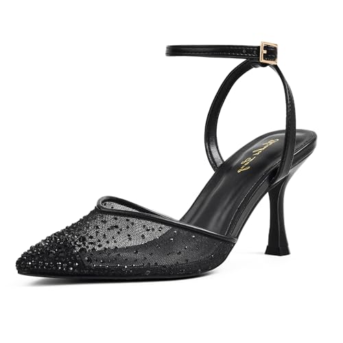 Zhabtuc Escarpins à Talons Hauts 8 cm Femmes, Strass Bout Pointu Brides Cheville Sandales, Idéal pour Mariage & Soirée, Noir, 36 EU