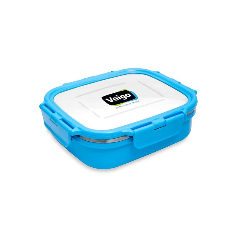Veigo Stainless Steel Lunch Boxes for Office Men, Tiffin Box for Office Men, Lunch Box for Kids - 1 Blue Container | Leakage Proof Tiffin | Microwave Safe 1 Rectangle Shape 630ml (Insulated)