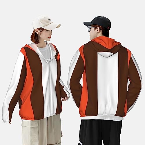 TOMPPY Jaqueta com capuz com estampa de listras laranja e branco com proteção solar, leve, manga com