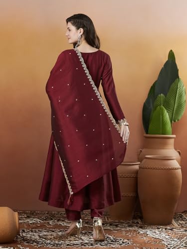Image of MOKOSH Women's Silk Anarkali Kurta Pant with Dupatta | Anarkali Kurta Set | Embroidered | Ethnic Wear | Notch Neck Full Sleeve