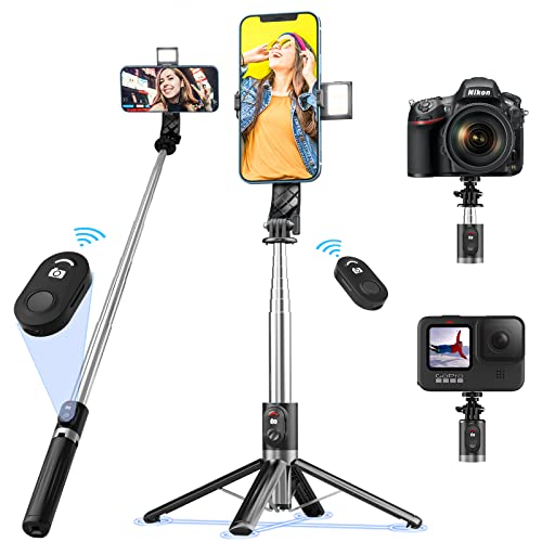 LONJADE 自撮り棒【2023年新グレードアップ 超長く安定】22cm-140cm 8段フリー格納式4本脚自撮り棒 Goproデジタルカメラ対応 航空機グレードアルミ合金 丈夫 着脱式ビューティーフィルライト付き 3ライトモード 9輝度レベル 4 in