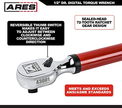 Image of ARES 43001-1 /2-Inch Drive Digital Torque Wrench - 25.1-250.8 ft-lb (30-340 Nm) Electronic Reversible Ratchet, Audio /Visual Multi-Alert, ±2% Accuracy - For Auto, Motorcycle, Mechanics