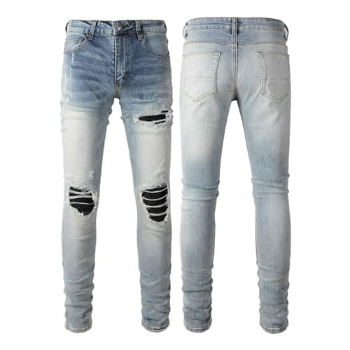 Jeans Pants Trouser Denim Men Stretch Slim Fit Street Trendy Worn Hole Punch Washed Grinding Fading Wrinkle Casual Small Foot(Light Blue,33)2