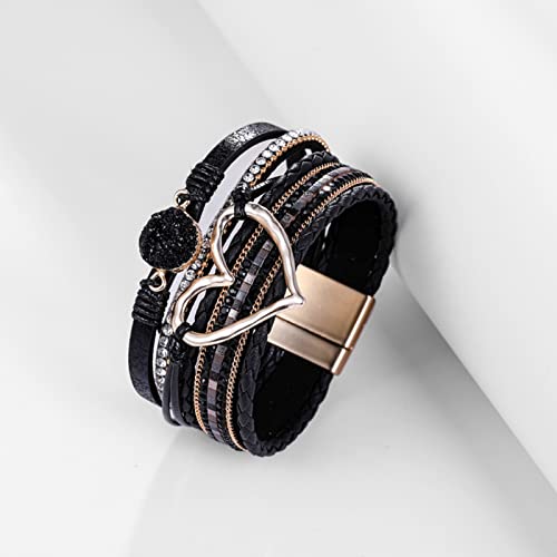 Multilayer Wrap Leather Bracelet Heart Modern Boho Bracelet With Magnetic Clasp Cuff Rhinestone Leather Bracelets For Women #TOP2