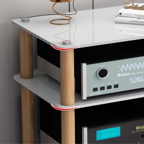 Armario de almacenamiento HiFi de 3 niveles para audio, estantes de vidrio templado, patas de madera maciza, centro de entretenimiento moderno para equipos de audio y accesorios - imagen 4