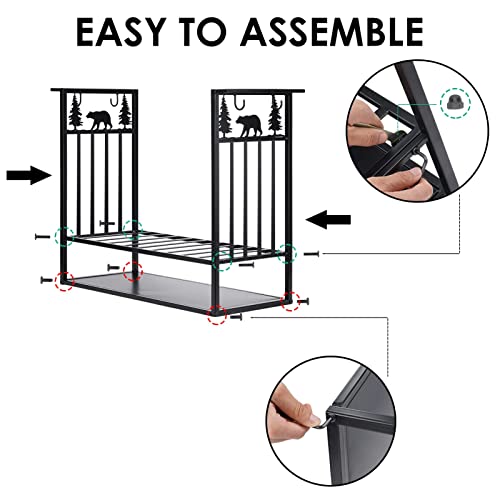 MYFIREPLACEDIRECT Firewood Rack with 4 Fireplace Tools,Outdoor Heavy-Duty Log Wood Storage Accessory for Indoor Fire Pit Wood Holders with Shovel, Poker, Tongs, Broom