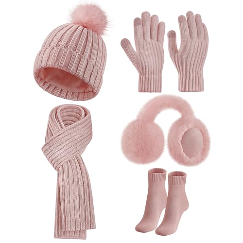 Warmiehomy Women Hat Scarf and Gloves Set Ladies 5Pcs,Winter Warm Knitted Beanie Cap Long Scarf Touchscreen Gloves Plush Ear Thermal Socks 5 in 1 Set Women Gift for Outdoor Sports,Pink