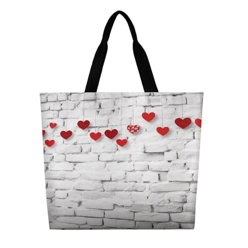 Women's Multi-Functional Shopping Bag,Red Hearts on White Brick Wall Printing Messenger Bag Shoulder Bag for Travel, Work, Shopping & Parties with Inner Pocket, Grocery Bag Lightweight & Water-Resista3