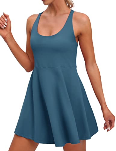 Iuga Womens Tennis Dress Built In Shorts & Bra Adjustable Straps Exercise Workout Dress With Pockets Golf Athletic Dresses Sea Blue #TOP1