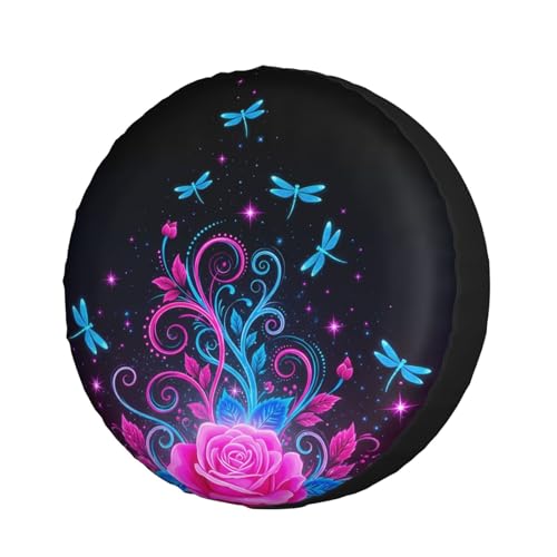 Image of Abstract Sparkle Dragonfly Roses Spare Tire Cover 17 inch Waterproof Dust-Proof Universal Spare Wheel Tires Covers Fit for Jeep,Trailers, RV, SUV,Many Vehicle Diameter 31 inch-33 inch