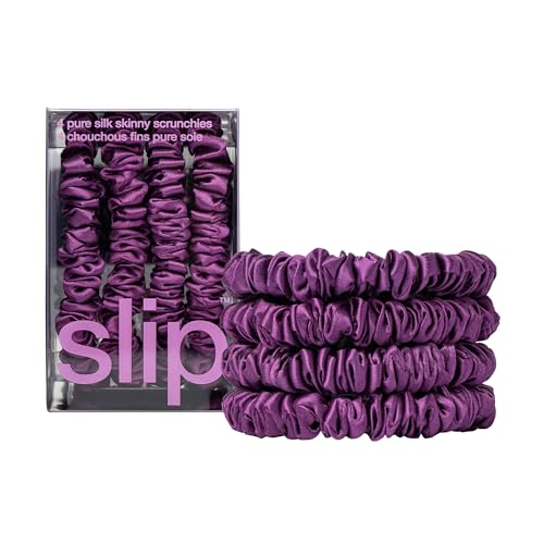 Image of Slip Silk Hair Ties - Skinny Silk Dark Purple Scrunchies, No Damage, No Crease, Anti-Breakage |100% Mulberry Silk | All Hair Types | Made with Proprietary Slipsilk | Set of 4