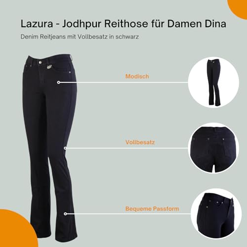 Lazura - Jodhpur Reithose Damen Dina | Denim Reitjeans mit Vollbesatz | atmungsaktive & elastische Vollbesatzreithose | Jeans-Reithose mit 5 Taschen | Reiterhose in Schwarz | Größe 46