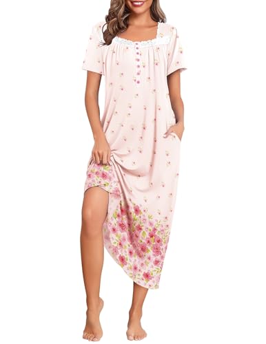 Image of Ekouaer Long Nightgowns for Women Short Sleeve House Dress with Pockets