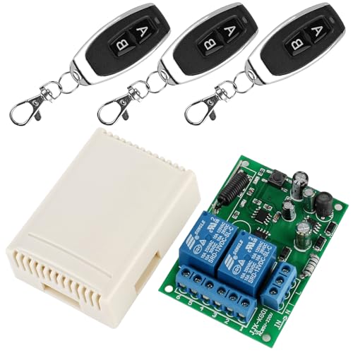 433MHZ FR Funk Fernbedienung Schalter Kabellos 2 Kanäle: AC 220V 230V 240V Drahtloser Relais Empfänger mit 3 Sender Funksteuerung, RF Relaismodul Schalter Transmitter für Garagentor