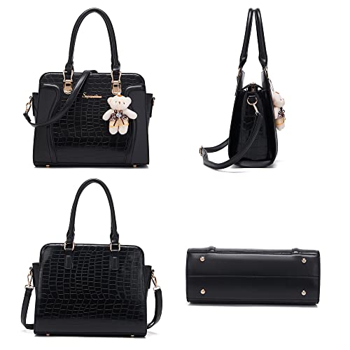 Image of Women's Fashion Handbag Tote Bag Shoulder Top Handle Satchel Purse Set 4pcs | Stylish Style,Chain Texture Design,Ample Space,Bear Doll Decoration,with a Crossbody Strap