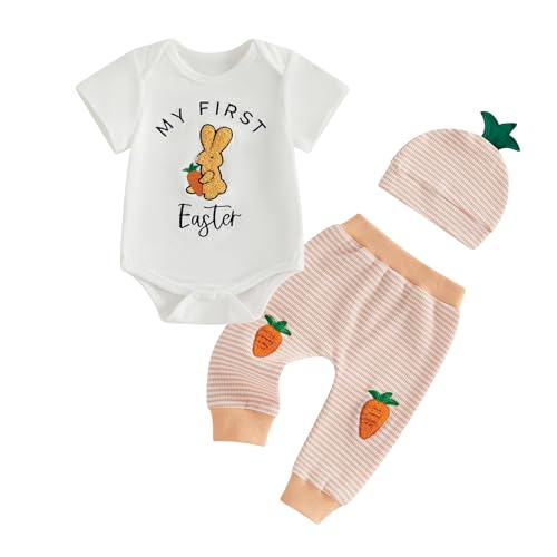 COORALLY My First Easter Outfit Baby Boy Bunny Carrot Short Sleeve Romper Striped Pants and Hat 3 Piece Clothes Set (Orange 12-18 Months)