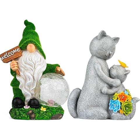 Gnome Garden Statue Figurine Decor with Solar Lights, Outdoor Garden Succulent Ornaments Gift Waterproof Decoration for Outside Patio Yard Lawn Decor Cover